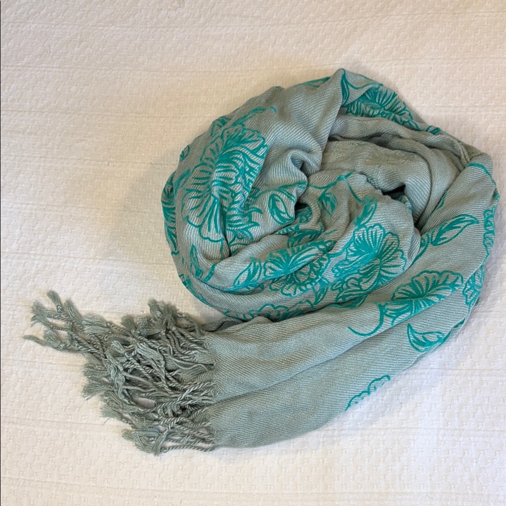 Anthropologie Teal Flocked Scarf with Fringed Ends